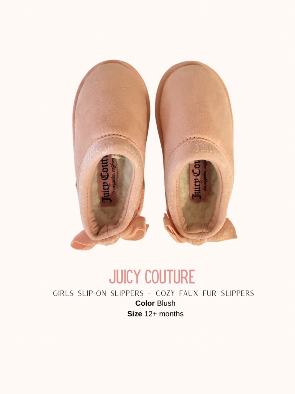 Juicy Couture Girls Blush Faux Fur Slip-On Slippers with Bow